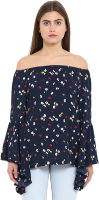 PARK AVENUE Casual Bell Sleeve Floral Print Women Dark Blue Top