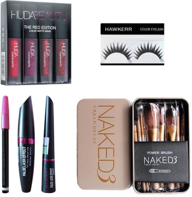

Hawkerr combo of Huda eyelinern,mascara,kajal pencil, Naked 12 Brush set, Huda red edition & silicon puff (Set of 7)(Set of 7)