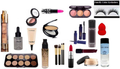 

Fancify Eyelashes With Mac 10 Shades Concealer palette & 3 Shade Blusher,Select Cover up Concealer,Studio Fix Compact,3 Shades Eyeshadow Compact & Prep+Prime highlight,Face Serum,Primer Oil,Makeup brush 3,Padhma Eyeliner & Mascara,Matte Finish Long Lastin