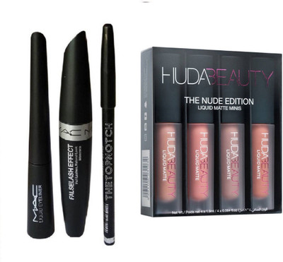 

TheTopNotch Eyebrow Pencil Black & Mac Liquid Eye Liner & Mac Mascara (MAC 3in1) & Huda Beauty Nude Edition(Set of 7)