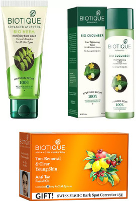 

BIOTIQUE BIO anti-tan facial kit, Neem Purifying Face Wash, Cucumber Pore Tightening Toner(Set of 3)