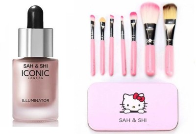 

Sah&Shi Makeup Brushes Set of 7 with Iconic London Illuminator Highlighter 30ml (Shine) High Gloss(Set of 2)