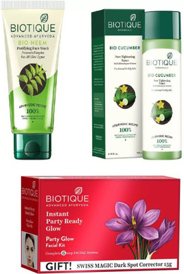 

BIOTIQUE BIO PARTY GLOW FACIAL KIT, Cucumber Pore Tightening Toner,, Neem Purifying Face Wash(Set of 3)