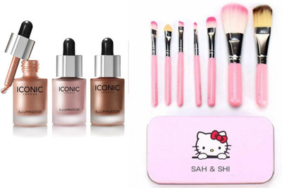 

Sah&Shi Makeup Brushes Set of 7 with Iconic London Illuminator Highlighter 30ml Pack of 3 (ORIGINAL,SHINE,GLOW) High Gloss(Set of 2)