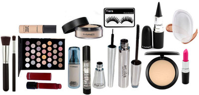 

tiara Eyelashes , Makeup Brush Set of 2 , Matchmaster Foundation , Studio Fix Compact , Pro Long Wear Conceler ,Perl Gel Primer ,Matte finish Pink Lipstick , Liptensity Lipstick , Brook candy Eyeliner And Mascara , Spounge Puff , Loose Powder , Stick Kaja