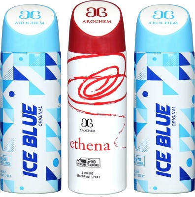 

AROCHEM ICE BLUE-2 & ETHENA DYNAMIC DEODORANT BODY SPRAY BODY DEO SPRAY Body Spray - For Men & Women(600 ml, Pack of 3)