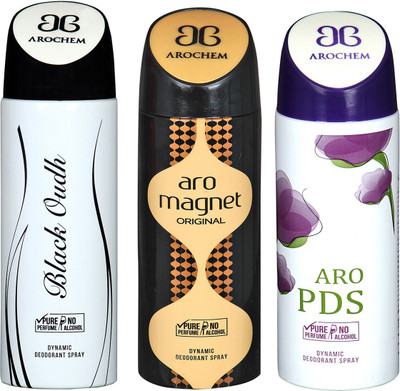 

AROCHEM BLACK OUDH & ARO PDS & ARO MEGNET DYNAMIC DEODORANT BODY SPRAY BODY DEO SPRAY Body Spray - For Men & Women(600 ml, Pack of 3)