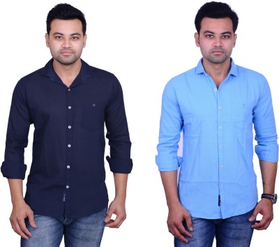 La Milano Men Solid Casual Dark Blue, Light Blue Shirt(Pack of 2)