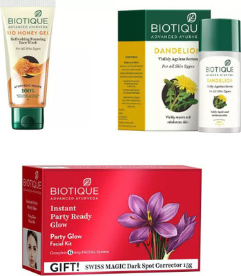 

BIOTIQUE BIO PARTY GLOW FACIAL KIT, Dandelion Ageless Lightening Serum, Honey Refreshing Foaming Face Wash(Set of 3)