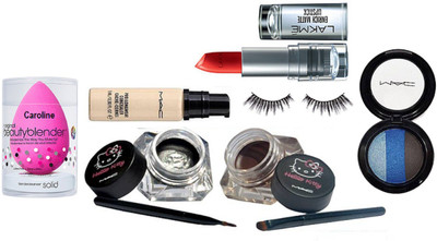 

caroline sponge puff & mac pro longwear concealer & hello kitty eyeliner two blam with mac eyeshadow fard a' joues mineralize, eyelashes& Lakme 9to5 Enrich Matte Lipstick(Set of 7)