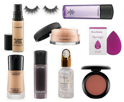 

divas beauty Sponge Puff & Mac Concealer & Face Serum & Makeup Remover & Loose Powder & Blusher & Foundation & Primer & Eyelashes(Set of 9)