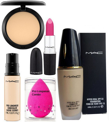 

pro longwear combo Sponge Puff, Mac Hyper Real Founation SPF 15, Pro LOngwear Concealer,Candy Yum-yum Lipstick,Studio Fix Compact(Set of 5)