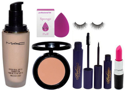 

professional kit Mac Hyper Real SPF 15 Foundation & Sponge Puff & Mac Face Compact & Padma Mascara & Eyeliner & Eyelashes & Mac Lipstick(Set of 7)