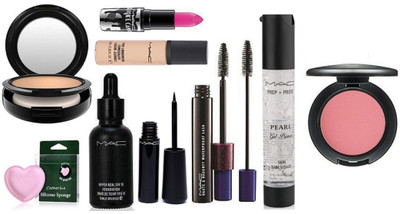 

CATHERINE Silicon Puff With Mac Studio Fix Compact & Hyper Real Foundation,Liquid Eyeliner And Mascara,Brooke Candy Lipstick,Pro longwear Concealer,Pearl gel Primer,pink Shade Compact(Set of 9)