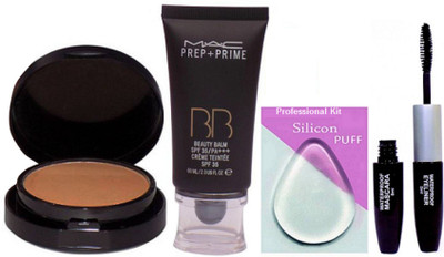 

Professional kit Silicon Puff, Mac Prep-Prime BB Beauty Balm Foundation, 2 way Compact, Color Bar 2 in 1 Eyeliner+Mascara(Set of 4)
