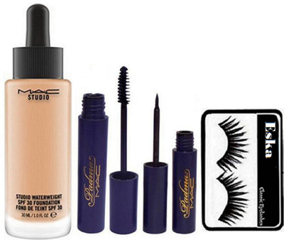 

eska Eyelashes & Mac Studio waterweight Foundation With Padma Liner+Mascara(Set of 4)