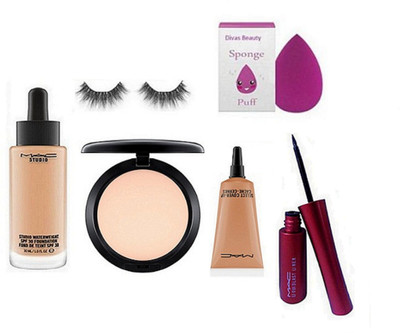 

divas beauty Sponge Puff & Mac studio Waterproof Liquid Foundation & Compact & Select Cover Up & Eyeliner & Eyelashes(Set of 6)