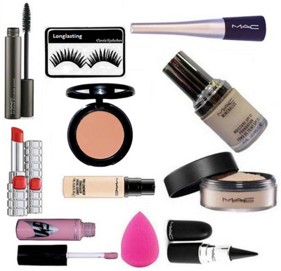 

Longlasting Eyelashes &Mac Liquid Eyeliner &mascara And Blusher & Pro long wear Concealer,Star lip Gloss & Mineraliz foundation,Face Loose powder & Stick kajal,Eyelashes &Sponge Puff &Matte Finish Lipstick(Set of 11)