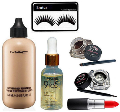 

brutus Eyelashes, Mac Face & Body Foundation, Hello Kitty Eyeliner, Matte Finish Listick, 9to5 Face serum(Set of 5)