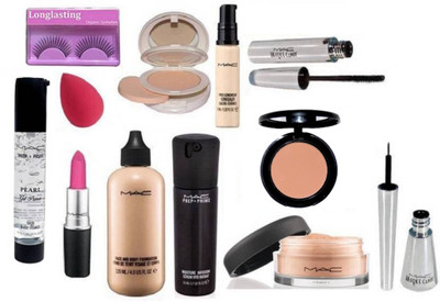 

Longlasting eyelashes & mac face and body foundation, mac concealer, prep+prime moisture serum, Loose Powder, lightfull compact , mac lipstick, brooke candy eyeliner and mascara Pearl Gel Primer,Blusher, Sponge Puff,(Set of 12)