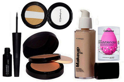 

catherine Sponge puff,Mc makeup pro long wear spf 30 foundation, powder plus Foundation Two Way Compact, Liquid Last Liner& 3 shade eye shadow(Set of 5)