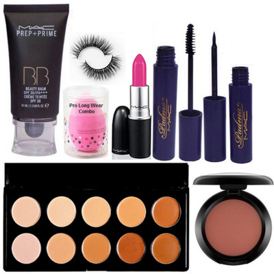 

Pro Longwear combo Sponge Puff, Mac Prep-Prime BB Beauty Balm Foundation,Blusher,Candy Yum-yum Lipstick,Padma Liner & Mascara,10 Shades Concealer Palette & Eyelashes(Set of 8)