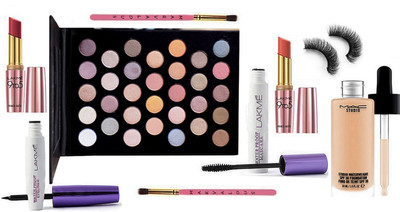 

Marvalous Two Makeup brush & matte 32 sparkle eye shadow palette mac, studio water weight foundation , perfect radiance water proof liquid & mascara & lakme 9 to 5 primer matte lipstick (set of 2) & eyelashes(Set of 10)
