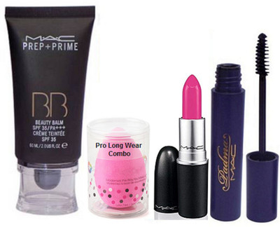 

pro longwear combo Sponge Puff, Mac Prep-Prime BB Beauty Balm Foundation,Candy yum-yum Lipstick,Padma Mascara(Set of 4)