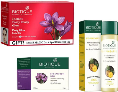 

BIOTIQUE BIO PARTY GLOW FACIAL KIT, saffron dew youthful nourishing day cream, PINEAPPLE OIL CONTROL FACE CLEANSER(Set of 3)