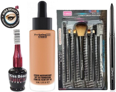 

Kiss Beauty Eyeliner + Mac Waterweight Foundation + Brush Set + Kajal Combo(Set of 4)