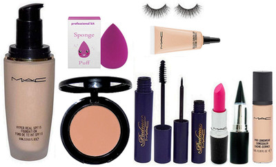 

professional kit Mac Hyper Real SPF 15 Foundation & Sponge Puff & Mac Face Compact & Padma Mascara & Eyeliner & Eyelashes & Mac Lipstick & Pro Longwear Concealer & Select Cover-up & Stick Kaj(Set of 10)