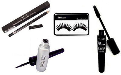 

brutus Eyelashes, Mac Liquid Eyeliner, Mac 180 Warp Length Mascara, Pencil Kaj.(Set of 4)