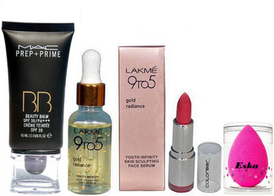 

Eska Sponge Puff & Waterweight Foundation, Colorbar Matte Finish Lipstick, Gold Rediance Serum, Mac Prep+Prime BB BEauty Balm Cream(Set of 4)