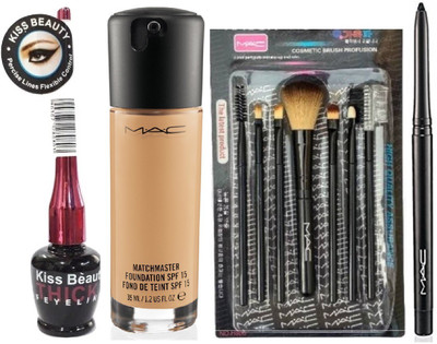 

Kiss Beauty Eyeliner + Mac Matchmaster Foundation + Brush Set + Kajal Combo(Set of 4)