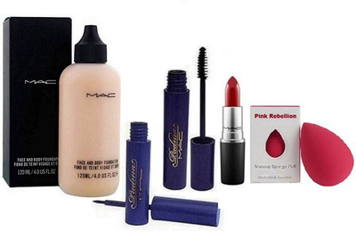 

Pink Rebellion Sponge Puff,Mac Face & Body Foundation,Padma Eyeliner,Mascara,Matte Finish Lipstick(Set of 5)