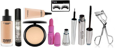 

tiara Eyelashes , Studio Waterweight Foundation , Perl Gel Primer , Studio Fix Compact , Select Cover Up Conceler , Giambattista Valli Violetta Lipstick , Brook Candy Eyeliner And Mascar , Eyelashes Curler(Set of 9)