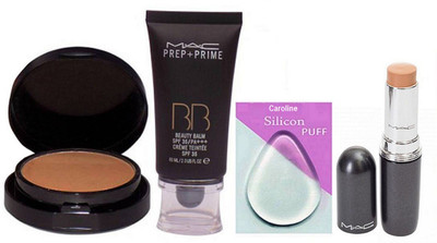 

caroline Silicon puff,Mac Pre+ Prime BB Beauty powder plus Foundation Two Way Compact& Stick Concealer Studio Fix Fluid Spf 35(Set of 4)