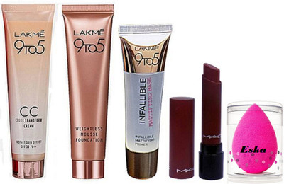 

Eska Sponge Puff & 9 To 5 Infallible Primer, Mousse Foundation, C C Cream & Mac Liptensity Lipstick(Set of 5)