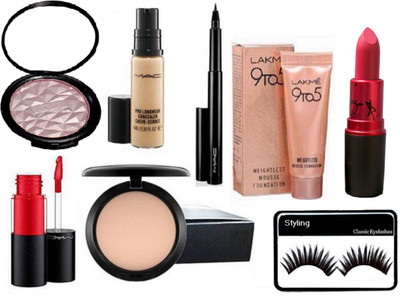 

styling eyelashes & mac Pressed Powder Compact & beauty makeup illuminator & Pen Eyeliner& Liquid Lip gloss & Mac Pro Longwear Concealer & 9 to 5 Weightless Mousse with lady gaga matte finish lipstick(Set of 8)