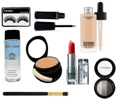 

caroline Eyelashes, Mac Two Way Compact, fard A" Joues Mineralize Eyeshadow, Studio Waterweight Foundation, Bobbi Brown Instant Long Wear Makeup Remover, Liquid Eyeliner, Brush, 9to5 Enrich Matte Lipstick(Set of 8)