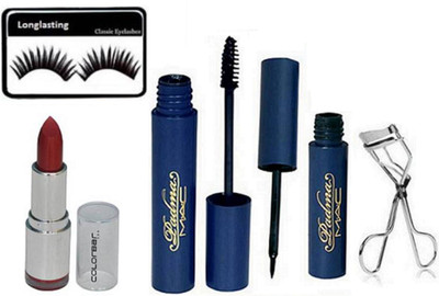 

Longlasting Eyelashes, Mac Padma Eyeliner & Mascara, Colorbar Lipstick with Eyelashes Curler(Set of 5)