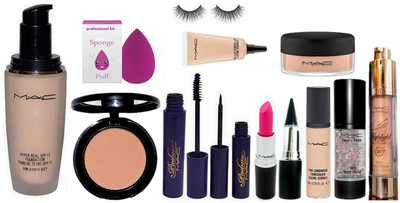 

professional kit Mac Hyper Real SPF 15 Foundation & Sponge Puff & Mac Face Compact & Padma Mascara & Eyeliner & Eyelashes & Mac Lipstick & Pro Longwear Concealer & Select Cover-up & Stick Kaj & Primer & Loose Powder & Highlighter(Set of 13)