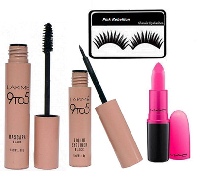 

Pink Rebellion Eyelashes,Lakme 9 to 5 Waterproof Eyeliner,Mascara,Matte Finish Candy Yum Yum Lipstick(Set of 4)