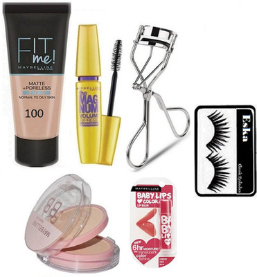 

Eska Eyelashes & New York Fit Me Foundation & Magnum Mascara & BB Compact & Baby LIp Balm With Eyelashes Curler(Set of 6)
