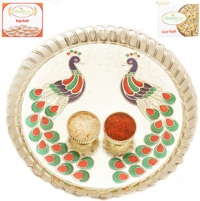 

Ghasitaram Gifts Peacock Pooja Thali with 200 gms of Kaju katli and 200 gms of Soan Papdi Combo(2)