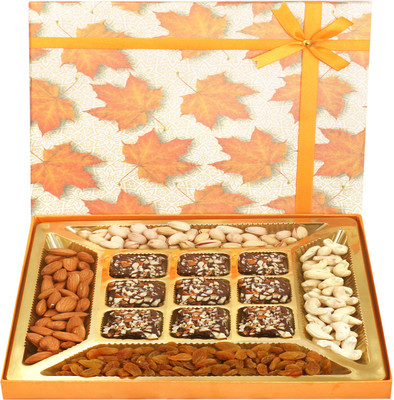 

Ghasitaram Gifts Chocolates- Orange Print Dryfruits and 9 pcs English Brittle Chocolate Box Combo(6)