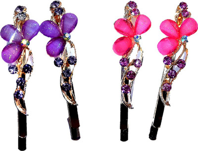 

Proplady Partywear (Set of 4 pieces) Stylish Rhinestone Metal Hair Clips for Girls & Women|Wedding Hair Accessories|Designer Hair Clip, Hair Pin, Tic Tac Clip, Hair Accessory Set(Pink, Purple)