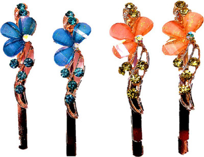

Proplady Partywear (Set of 4 pieces) Stylish Rhinestone Metal Hair Clips for Girls & Women|Wedding Hair Accessories|Designer Hair Clip, Hair Pin, Tic Tac Clip, Hair Accessory Set(Orange, Blue)