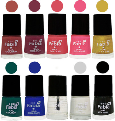 

FABIA Matte Nail Polish Combo/Multicolor Nail Polish/Mix Color/Combo Color Set of 10pcs(6ml each) 110202125 Dark Peach-Plum-Punch Pink-Shock Pink Light-Mattis gold-Pine Green-Shock Blue Dark-Top Coat-White-Black(Pack of 10)