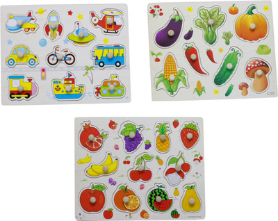 

Hnt Kids wooden pegged transport vegetable and fruit inset puzzle(31 Pieces)